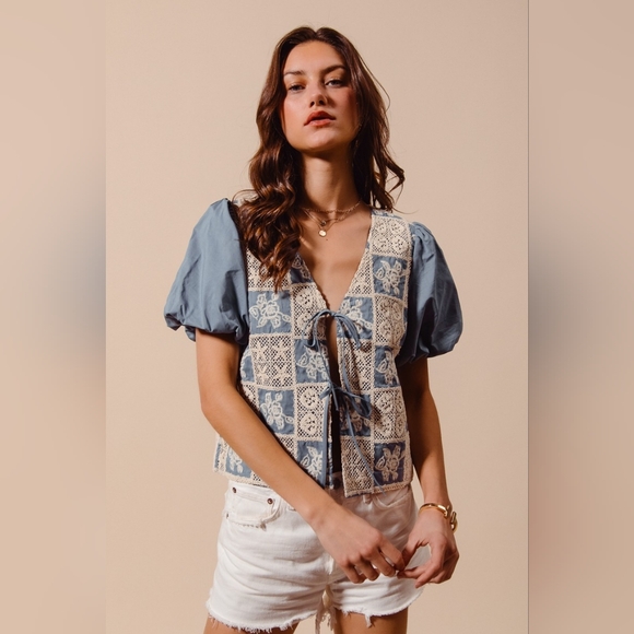 SO ME Crochet Lace Tie Front V Neck Blouse Top
